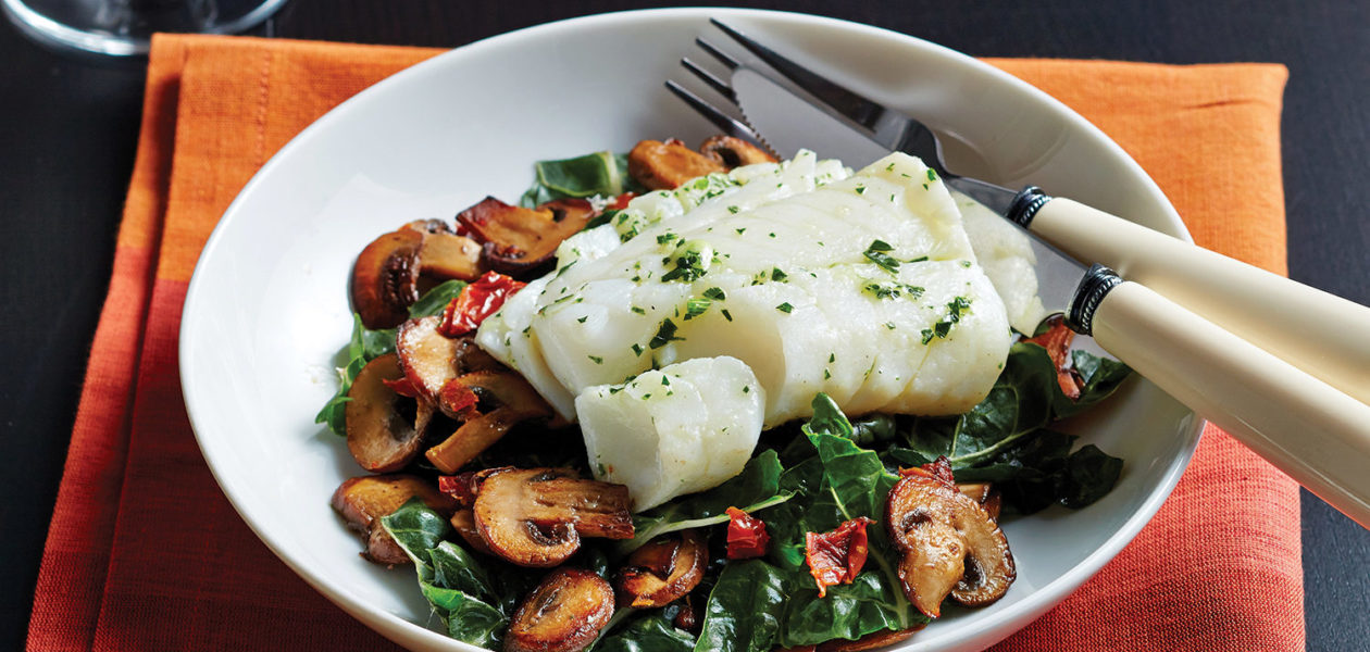 Steamed Cod with Mushrooms & Swiss Chard