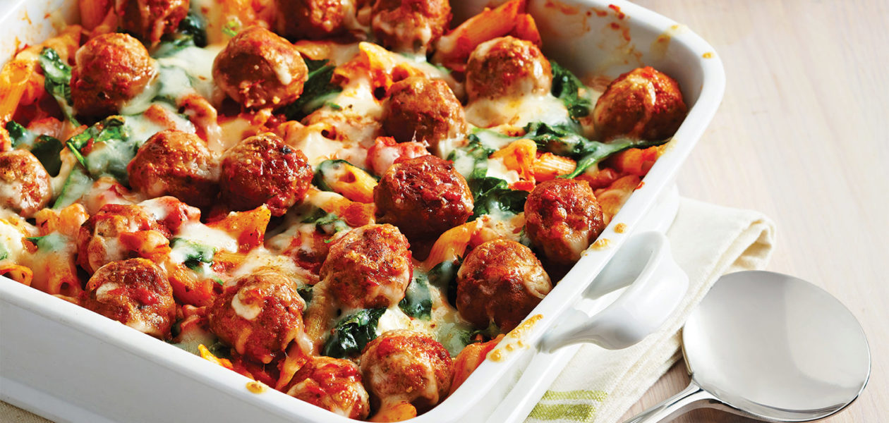 Easy Spinach & Meatball Pasta Bake