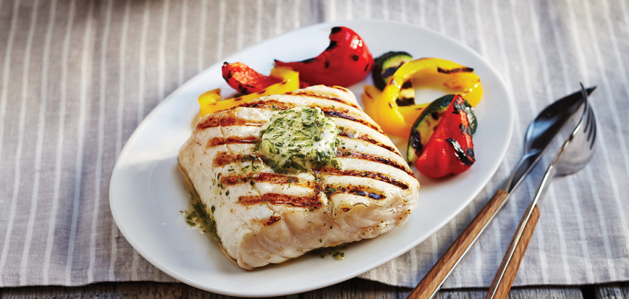 Grilled Halibut Steaks with Basil-Garlic Butter