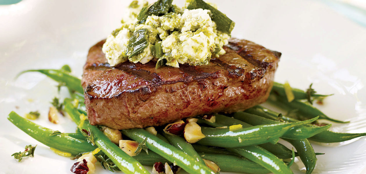 Grilled Steak with Green Onion & Goat Cheese Topping