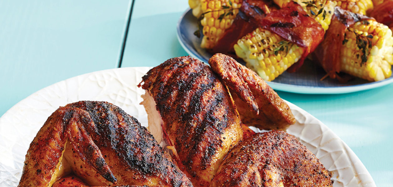 Grilled Flattened Paprika Chicken & Bacon-Wrapped Barbecue Corn