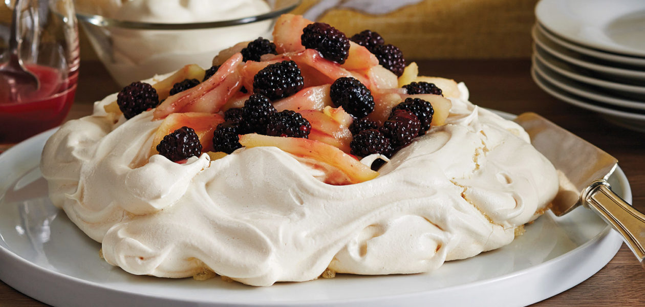 Low-Fat Pavlova with Spiced Pears & Blackberries