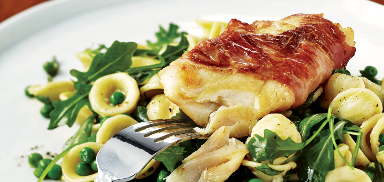 Prosciutto-Wrapped Haddock with Spring Pasta