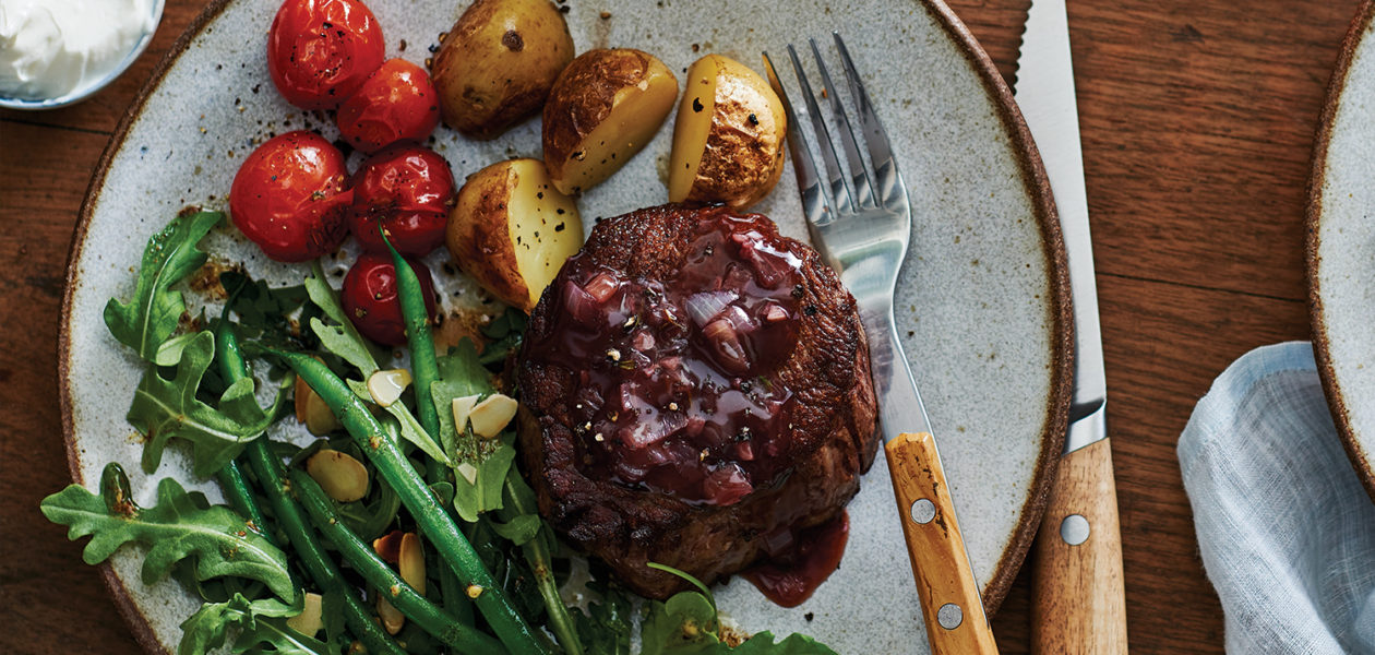 Steak with Red Wine Thyme Sauce