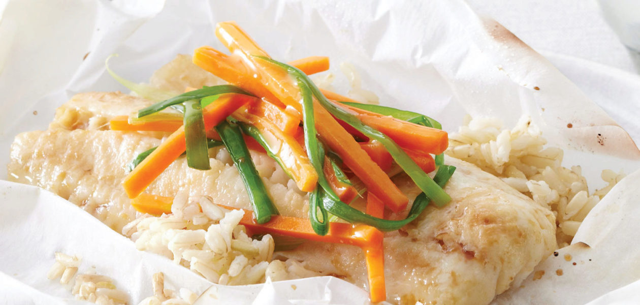 Steamed Ginger Cod Packets with Rice & Vegetables
