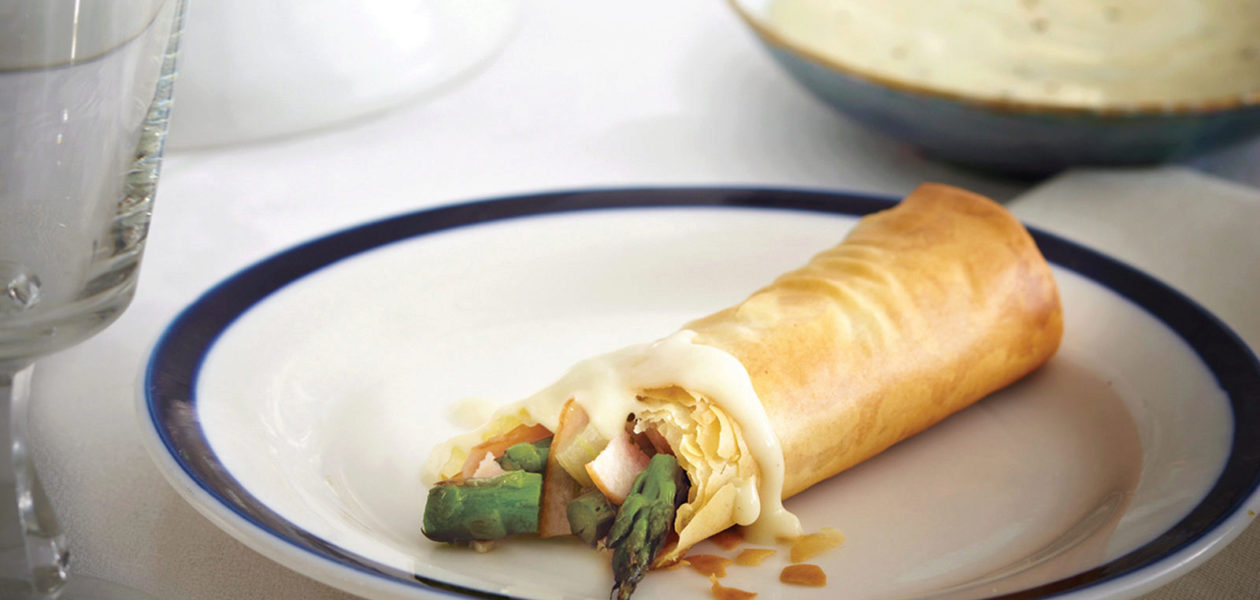 Asparagus & Ham Phyllo Rolls with Blue Cheese Sauce
