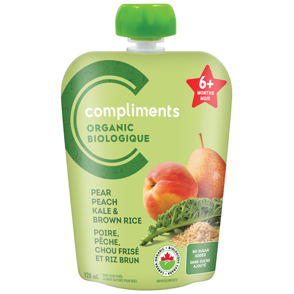 Compliments pear, peach, kale and brown rice organic baby food pouch
