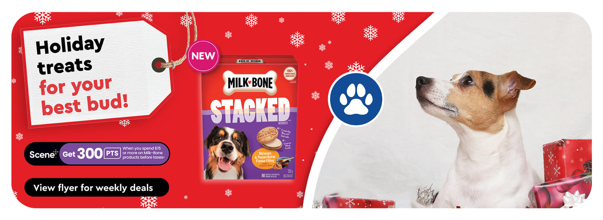 Text Reading ‘Holiday treats for your best bud! Sceneplus. Get 300 points when you spend $15 or more on milk products before taxes. 'View flyer for ‘weekly deals by clicking the button below.'