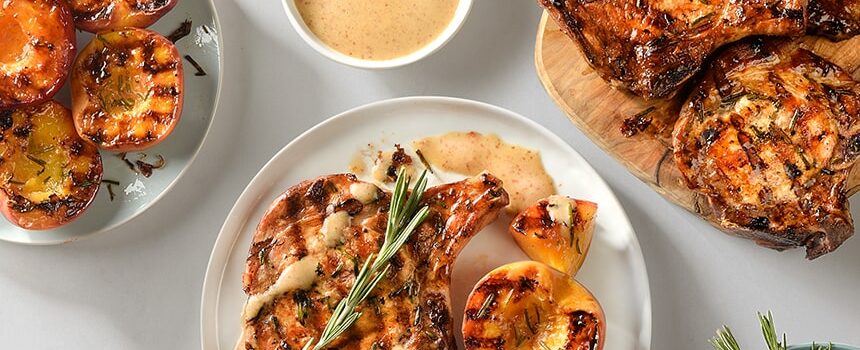 BBQ Pork Chops with Grilled Peaches