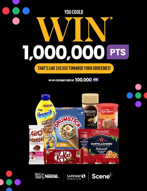 Text reading: "You Could WIN 1,000,000 PTS - That's Like $10,000 Towards Your Groceries!" Along with Learn More button at the bottom and some grocery items on the right side of image.