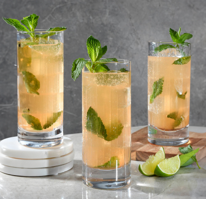 A sparkling Grapefruit drink in a tall mojito glass topped with mint leaves.
