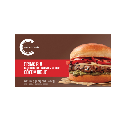 Box of frozen Compliments Prime Rib Beef Burgers