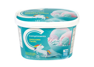 A light blue tub of Compliments Unicorn Twirl Ice Cream with an illustration of a unicorn on the front.