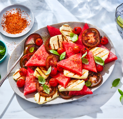 Grilled Halloumi Cheese, Watermelon and Tomato Salad