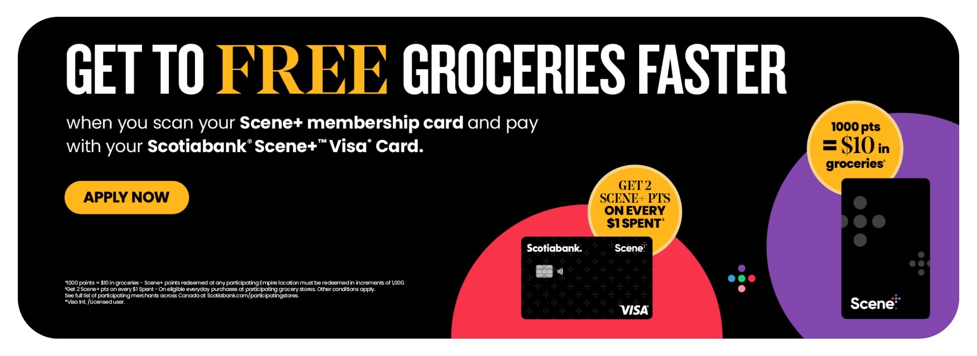 Advertisement for a Scotiabank Scene+ Visa Card. The text highlights the benefit of earning free groceries by earning Scene+ points with every dollar spent. Includes images of Scene+ membership and Visa cards, along with a "Get 2 Scene+ points on every $1 spent" offer.